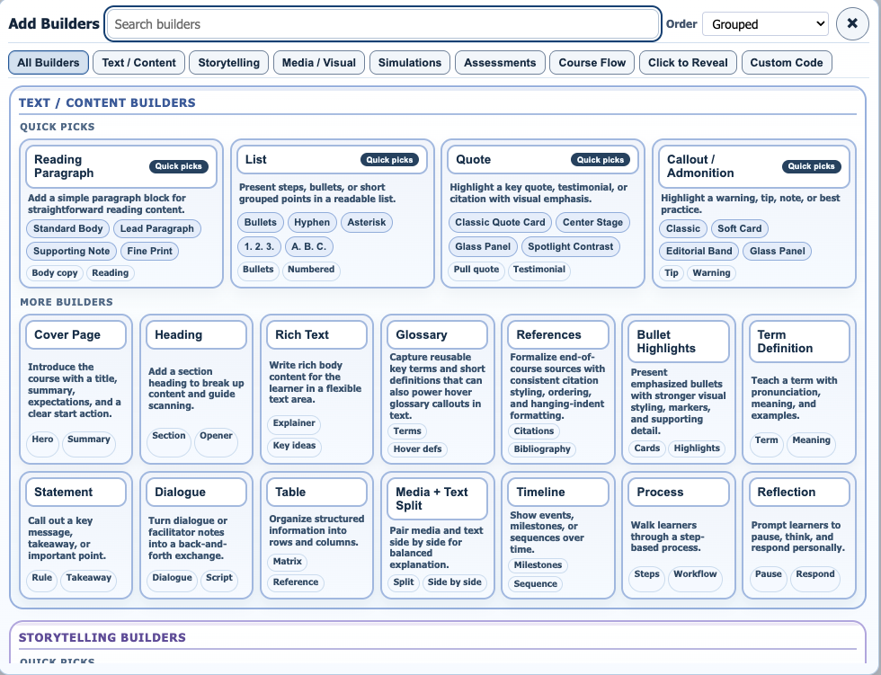 Learnatello Add Builder catalog showing builder categories, search, and organized builder choices.