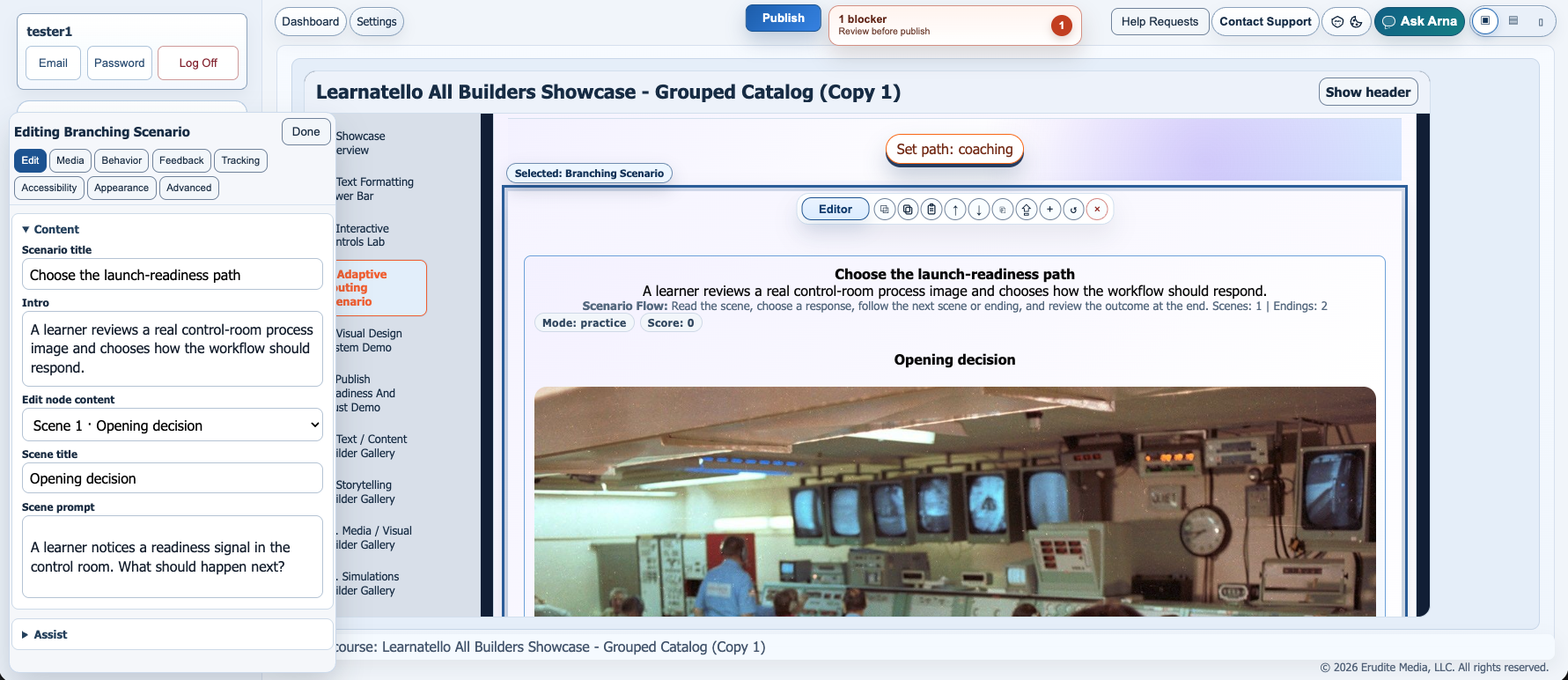 Learnatello Preview/Edit workspace with a branching scenario editing panel open beside the course canvas.