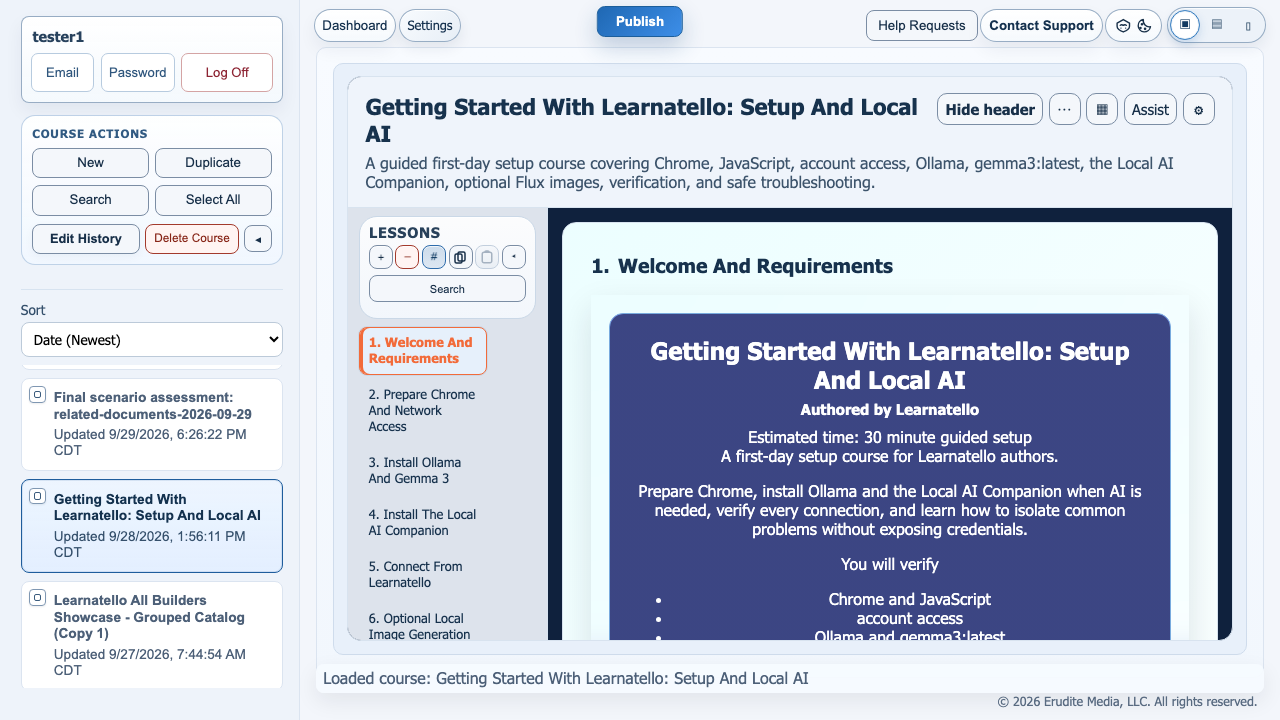 Getting Started With Learnatello course open with course rail, lesson rail, and onboarding practice items visible.