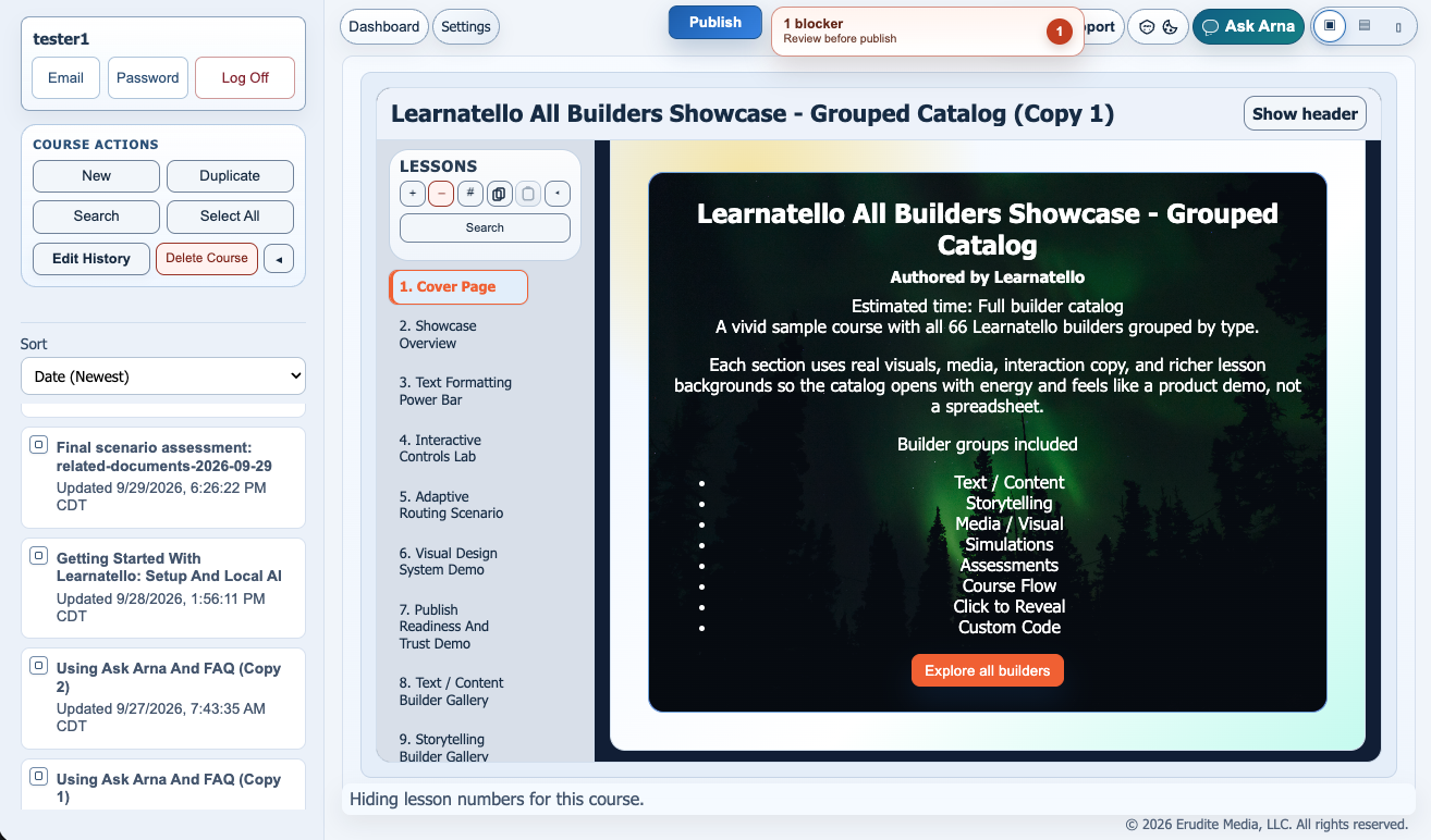 Learnatello All Builders Showcase course open in the Preview/Edit workspace with builder-family lessons and personalization example visible.